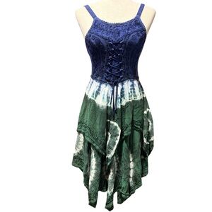 Sleeveless Corset Pixie Hem Festival Tie Dye Dress Medium Fairy Embroidery Green